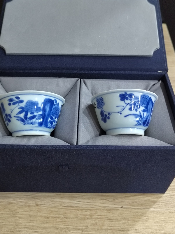 古玩陶瓷清康熙花蝶紋青花主人杯一對拍賣,當前價格2288元