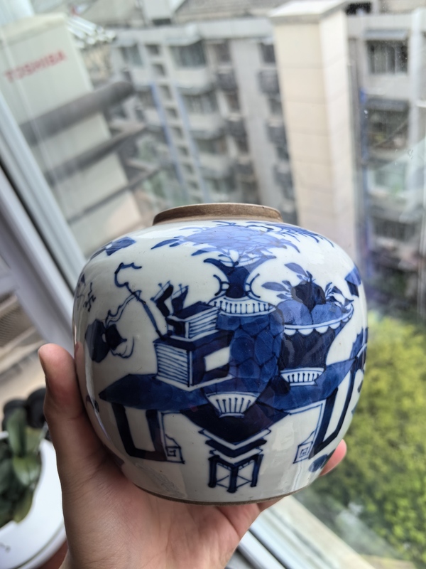 古玩陶瓷清晚期青花博古清供圖蓋罐拍賣,當前價格3680元