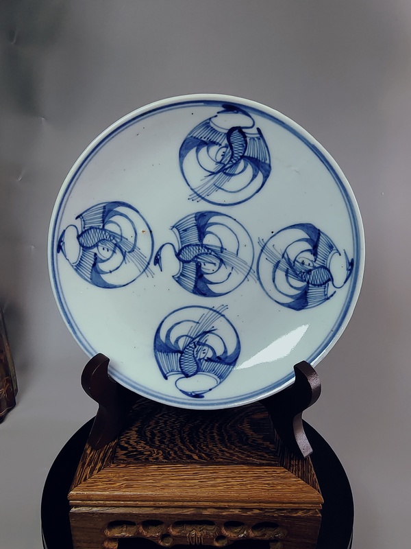 古玩陶瓷全品清光緒?青花團鶴紋賞盤拍賣,當前價格698元