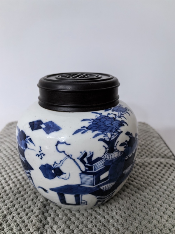 古玩陶瓷清晚期青花博古清供圖蓋罐拍賣,當前價格3680元