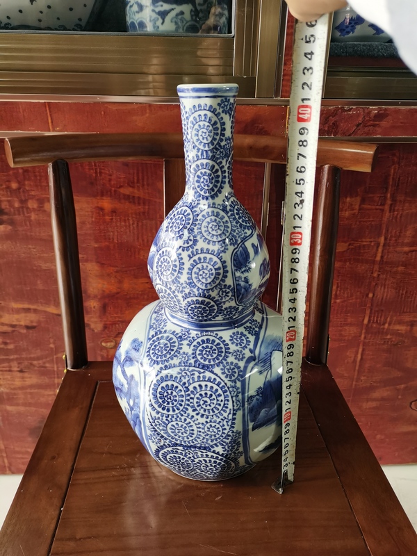 古玩陶瓷【42公分多邊形】創匯人物山水青花多方葫蘆瓶拍賣,當前價格2266元