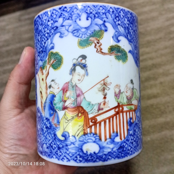 古玩陶瓷青花花卉開窗廣彩人物馬克杯拍賣,當前價格399元