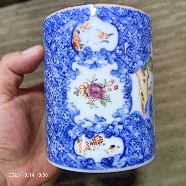 古玩陶瓷青花花卉開窗廣彩人物馬克杯拍賣,當前價格399元