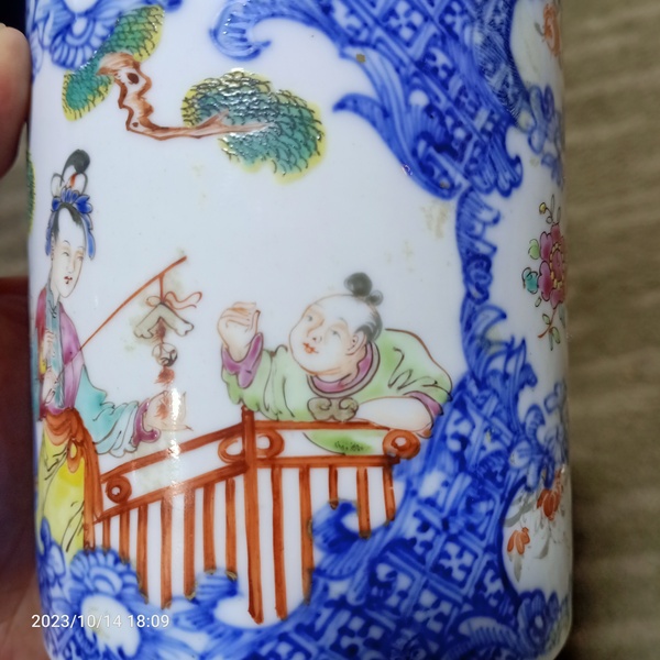 古玩陶瓷青花花卉開窗廣彩人物馬克杯拍賣,當前價格399元