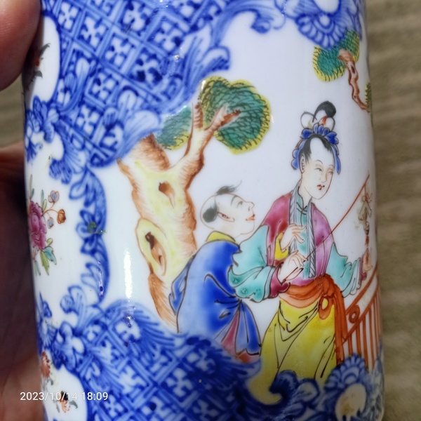 古玩陶瓷青花花卉開窗廣彩人物馬克杯拍賣,當前價格399元