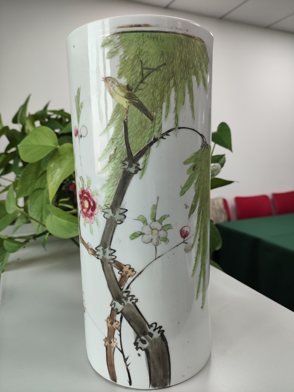 古玩陶瓷柳樹黃鶯紋彩繪帽筒拍賣,當前價格580元