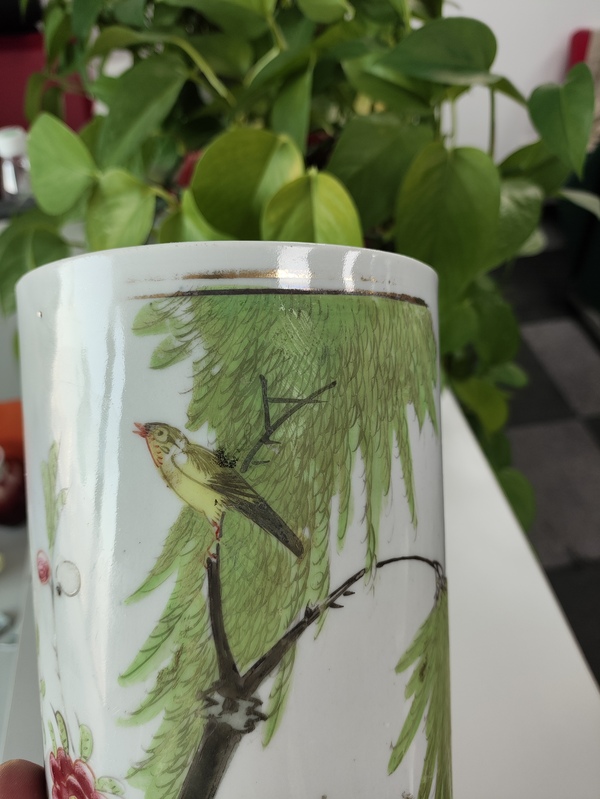 古玩陶瓷柳樹黃鶯紋彩繪帽筒拍賣,當前價格580元