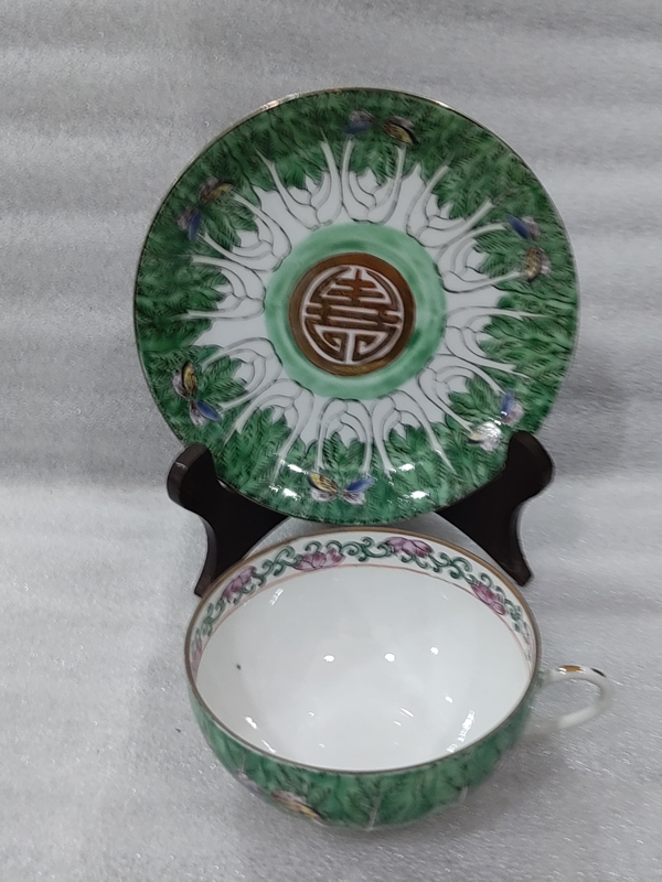 古玩陶瓷萊菔蝶壽字吉語紋廣彩盤杯拍賣,當前價格880元