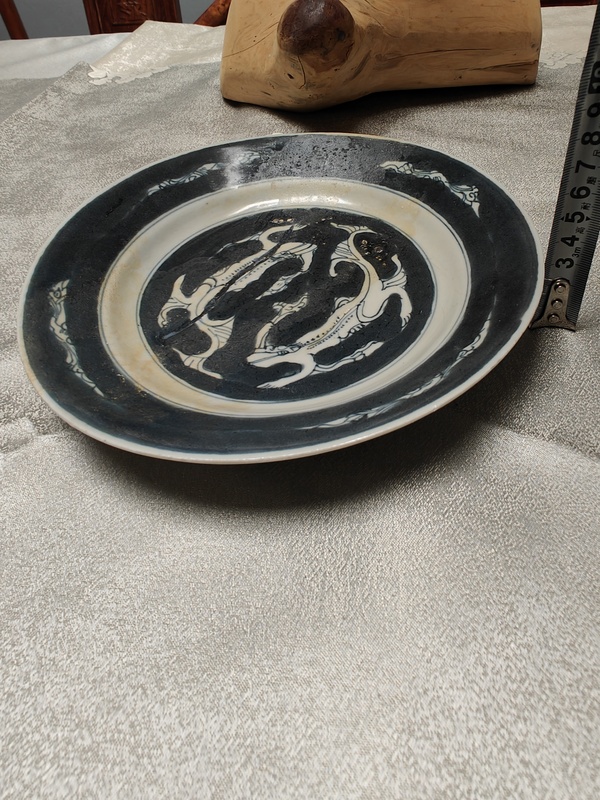 古玩陶瓷康熙青花雙螭龍紋折腰大盤拍賣,當前價格1980元