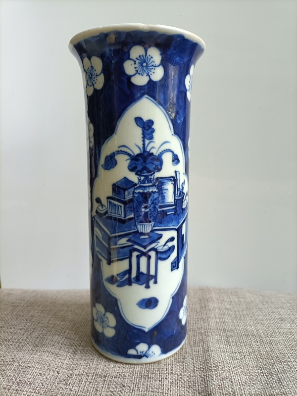 古玩陶瓷青花冰梅開窗博古紋花觚拍賣,當前價格1200元