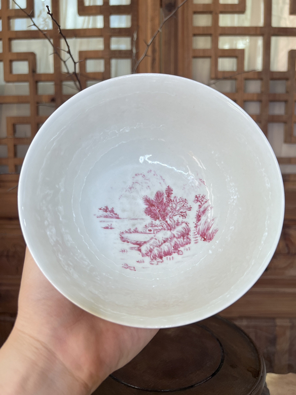 古玩陶瓷【帶證書·精品御窯廠名家款】胭脂紅彩山水人物詩文墩式碗拍賣,當(dāng)前價格35000元