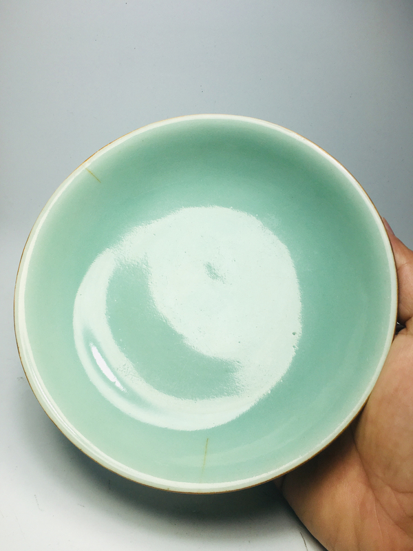 古玩陶瓷精品釉水肥厚大清嘉慶年制款豆青釉盤拍賣,當前價格1288元