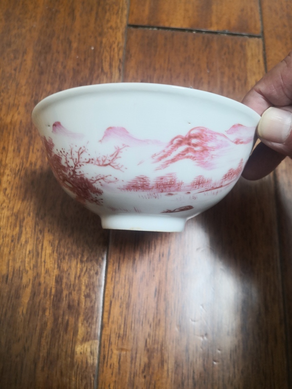 古玩陶瓷民國細路胭脂紅彩山水人物紋茶碗拍賣,當前價格888元