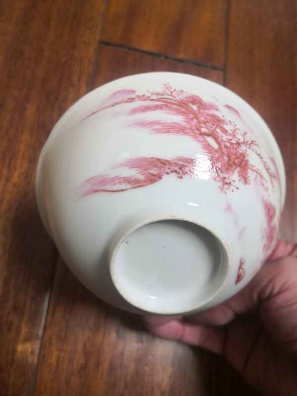 古玩陶瓷民國細路胭脂紅彩山水人物紋茶碗拍賣,當前價格888元