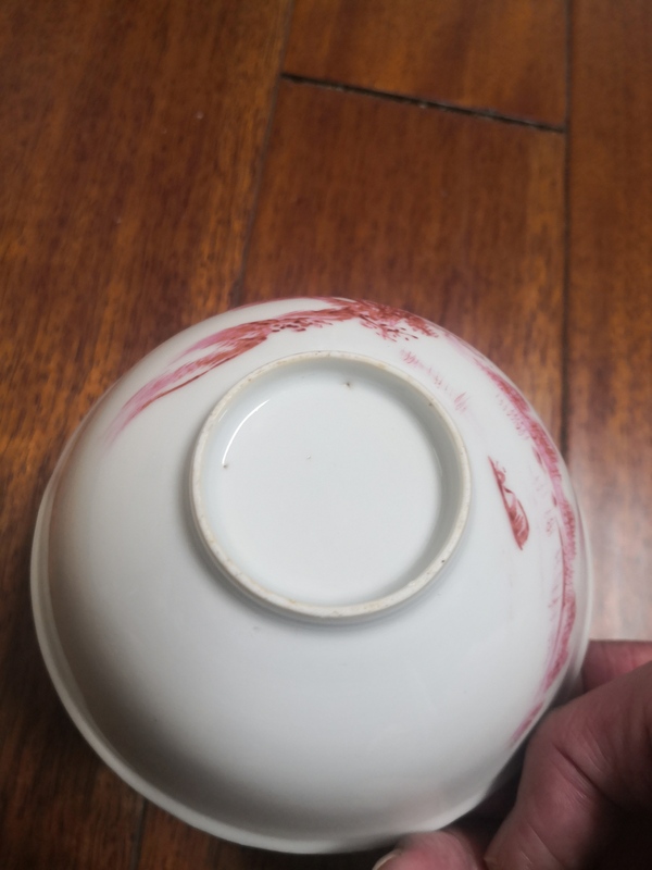 古玩陶瓷民國細路胭脂紅彩山水人物紋茶碗拍賣,當前價格888元