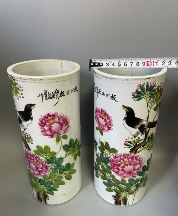 古玩陶瓷清末名家汪鼎順精品粉彩花鳥花卉紋帽筒一對拍賣,當前價格1980元