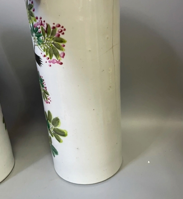 古玩陶瓷清末名家汪鼎順精品粉彩花鳥花卉紋帽筒一對拍賣,當前價格1980元