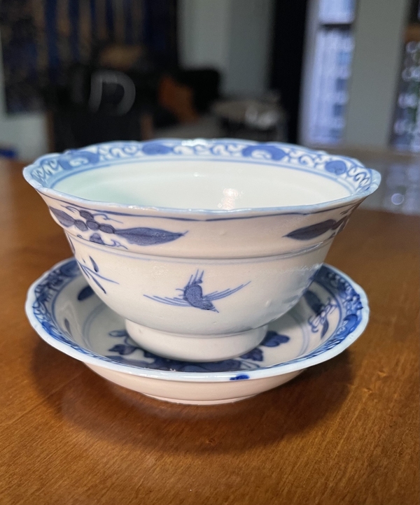 古玩陶瓷嘉慶青花洞石花卉精品杯碟一套拍賣，當前價格700元