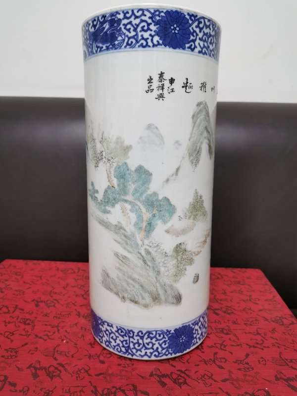 古玩陶瓷青花淺絳山水人物詩文帽筒拍賣,當(dāng)前價格2888元