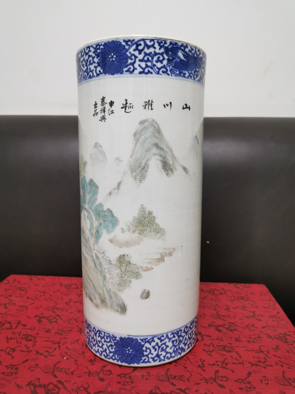 古玩陶瓷青花淺絳山水人物詩(shī)文帽筒拍賣，當(dāng)前價(jià)格3588元