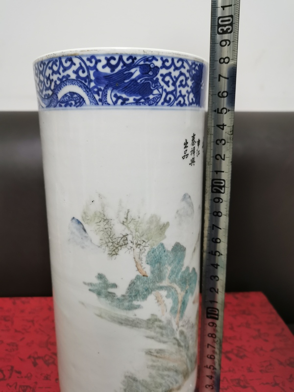古玩陶瓷青花淺絳山水人物詩文帽筒拍賣,當(dāng)前價格2888元