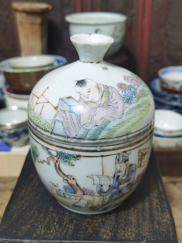 古玩陶瓷民國粉彩羲之愛鵝紋蓋缸拍賣,當前價格800元