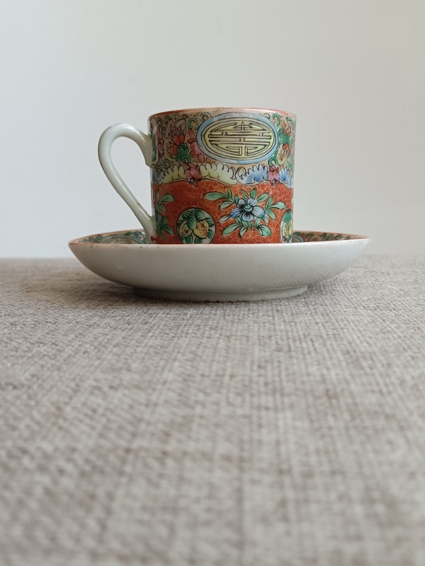 古玩陶瓷廣彩花卉團壽紋杯碟拍賣,當(dāng)前價格599元