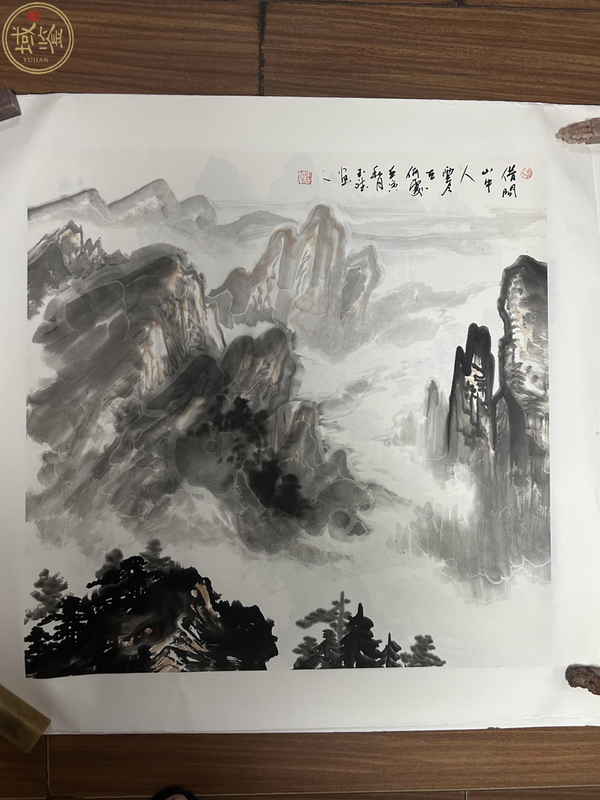 古玩字畫朱玉斌老師精品斗方山水拍賣，當(dāng)前價格450元