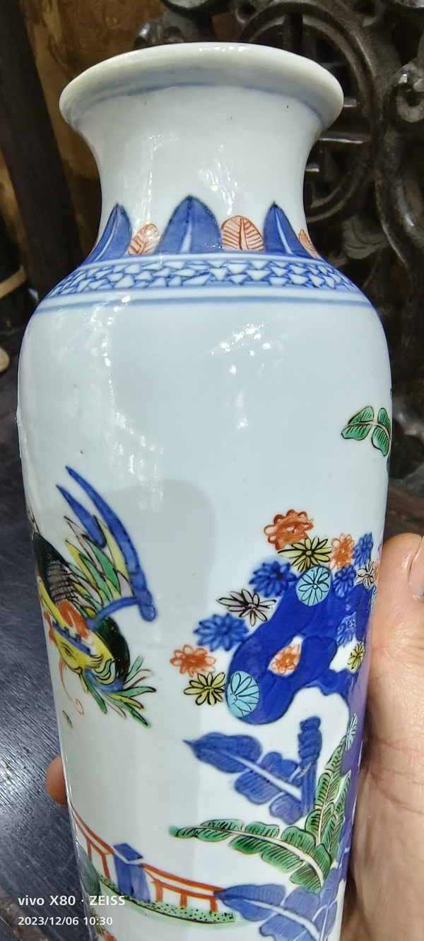 古玩陶瓷青花五彩麒麟問鳳紋筒瓶拍賣,當前價格16888元