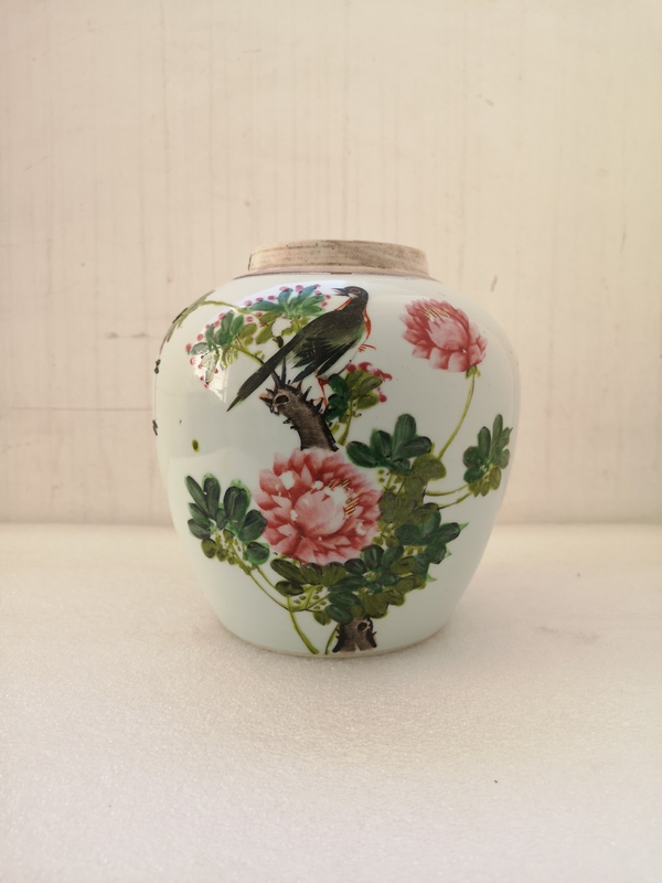 古玩陶瓷淺絳彩花鳥紋蓋罐拍賣,當前價格580元