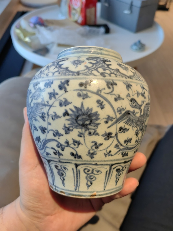 古玩陶瓷明代空白期到頭鳳穿花青花罐拍賣,當前價格18000元