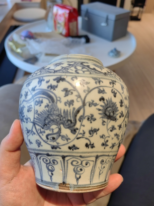 古玩陶瓷明代空白期到頭鳳穿花青花罐拍賣,當前價格18000元