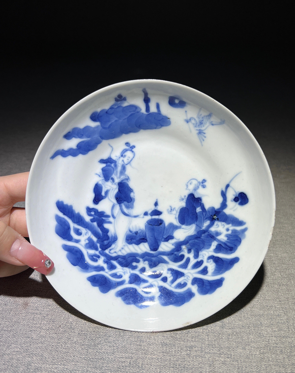 古玩陶瓷精品大清道光年制款·青花故事人物海屋添籌紋折腰盤拍賣,當前價格8888元