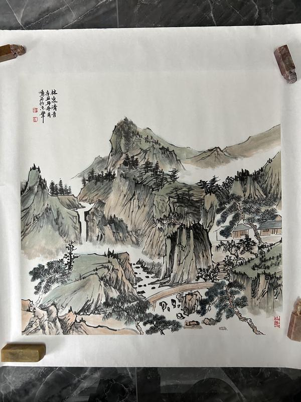古玩字畫溫業強(字鳴石)斗方精品山水拍賣,當前價格858元