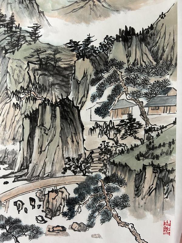 古玩字畫溫業強(字鳴石)斗方精品山水拍賣,當前價格858元
