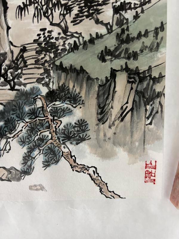 古玩字畫溫業強(字鳴石)斗方精品山水拍賣,當前價格858元