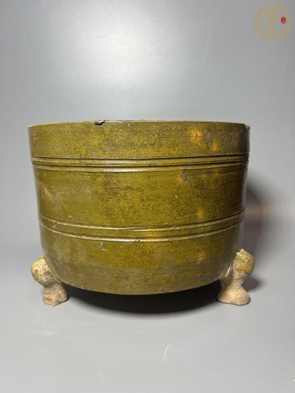 古玩陶瓷漢代·青釉弦紋三足奩真品鑒賞圖
