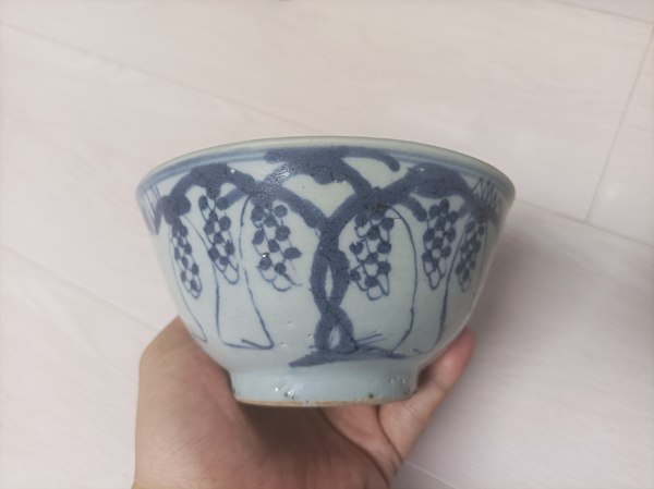 古玩陶瓷明代崇禎青花多子多福圖茶碗拍賣,當前價格1200元