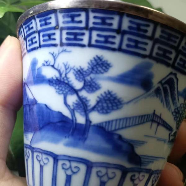 古玩陶瓷精品精品！清代嘉慶本朝本款青花山水杯拍賣，當前價格8000元