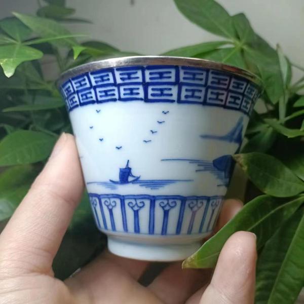 古玩陶瓷精品精品！清代嘉慶本朝本款青花山水杯拍賣，當前價格8000元