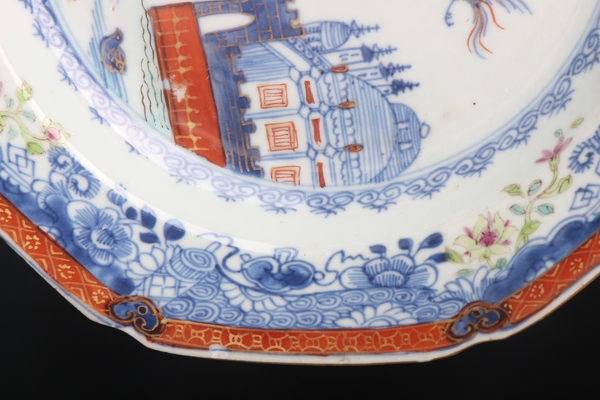 古玩陶瓷【8726】清乾隆??青花粉彩漁家樂八邊盤拍賣,當前價格4800元