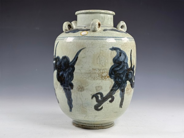古玩陶瓷明末清初青花龍紋四系壺拍賣,當(dāng)前價(jià)格9800元