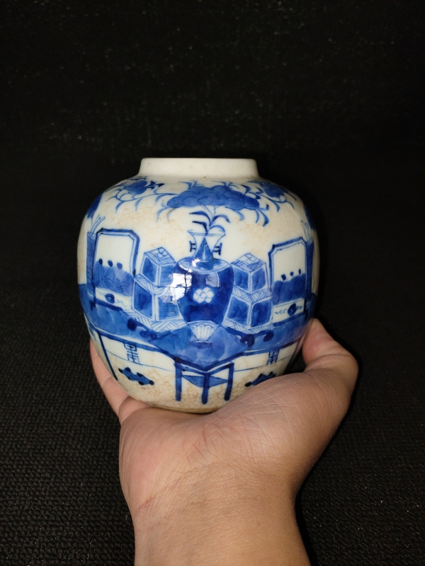 古玩轉(zhuǎn)賣【咸豐】哥釉青花博古圖蓋罐【太漂亮了】拍賣,當(dāng)前價(jià)格0元