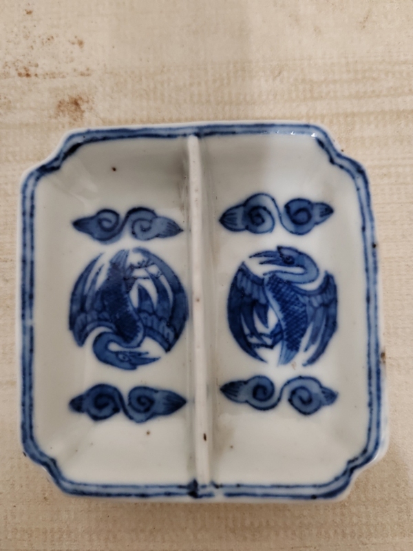 古玩陶瓷清青花團鶴紋調色盤拍賣,當前價格900元
