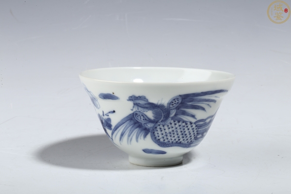 古玩陶瓷全品晚清?細路青花鳳穿牡丹紋茶碗拍賣,當前價格3800元