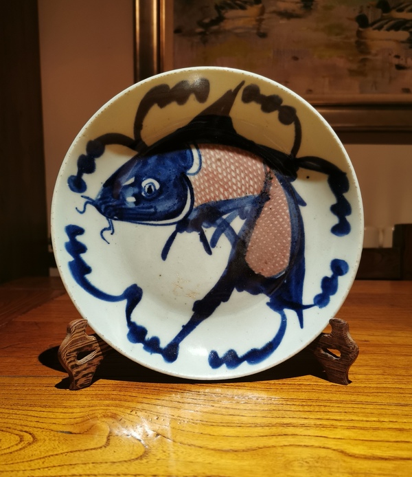 古玩轉(zhuǎn)賣清中期青花釉里紅年年有余盤拍賣,當(dāng)前價(jià)格125元