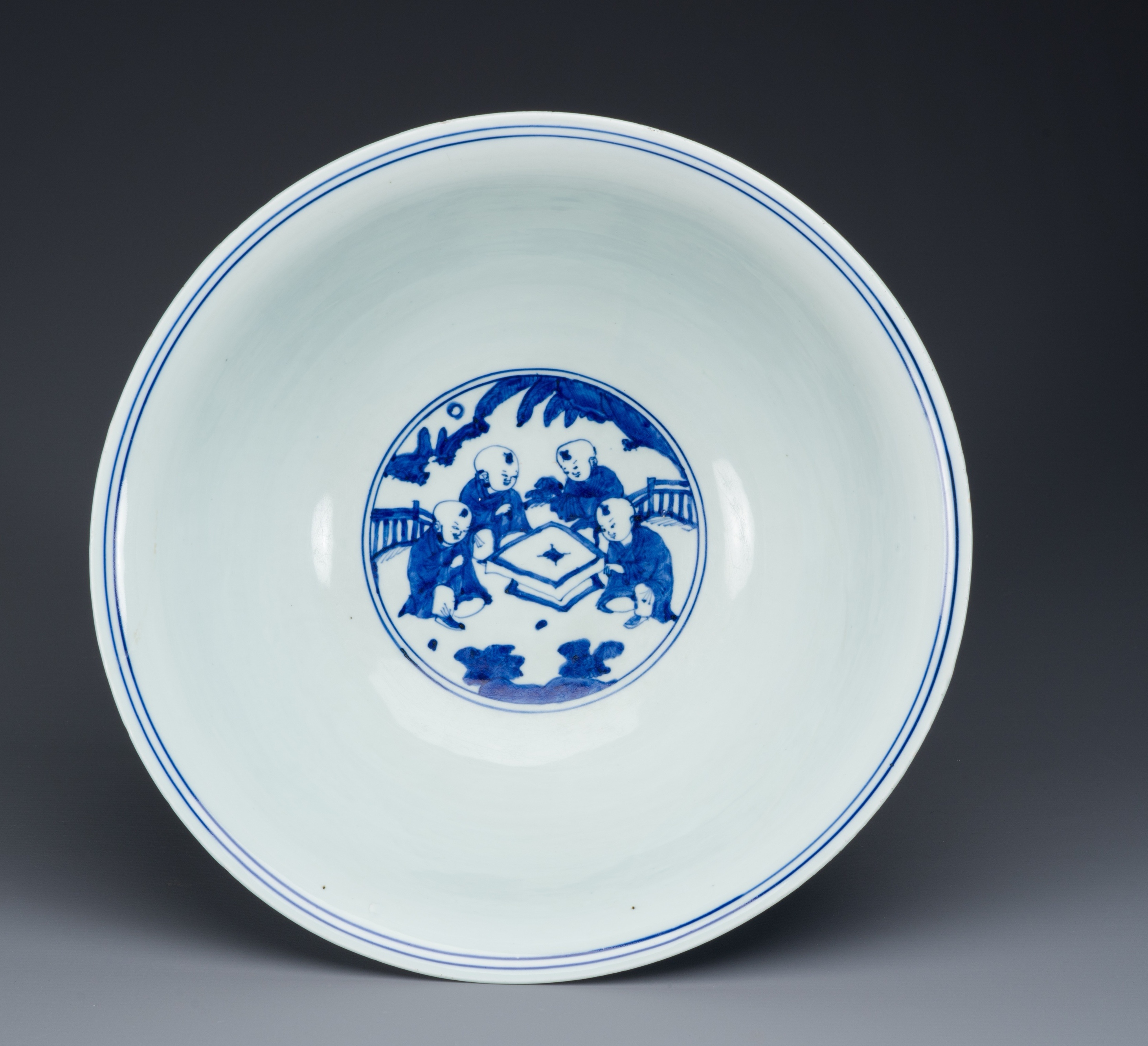 A large blue and white 'lotus' bowl, Mark and period of