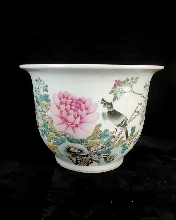 古玩陶瓷【光緒名家許品衡】淺絳彩富貴白頭詩文花盆南京博物院館藏同款拍賣,當(dāng)前價(jià)格59800元