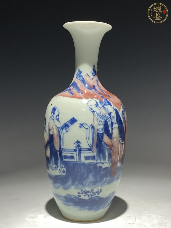 古玩青花釉里紅虎溪三笑紋萊芙瓶真品鑒賞圖