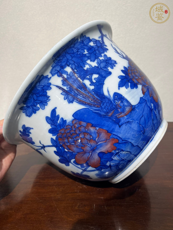 古玩陶瓷青花釉里紅花鳥紋花盆真品鑒賞圖